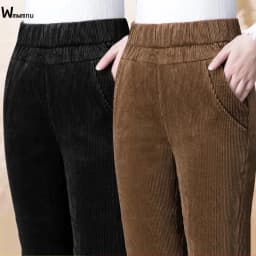 Spring Fall Elastic High Waist Straight Trousers Women Classic Black Pantalones De Mujer Mother's Casual Brown Corduroy Pants