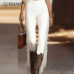 Western Vintage Patchwork Tassel Pants Woman 2026 Spring Elegant High Waist Slim Bodycon Trousers Summer Skinny Streetwear Pants