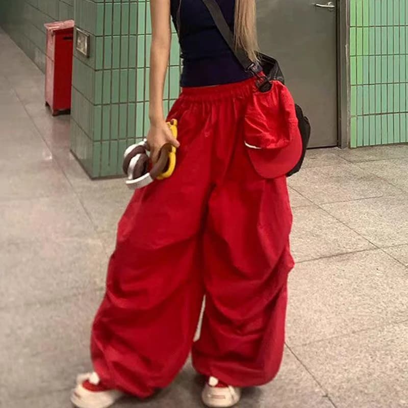 MEXZT Y2K Red Cargo Pants Women Harajuku Baggy Sweatpants Streetwear Wide Leg Joggers Summer Gyaru Korean Casual Trousers New