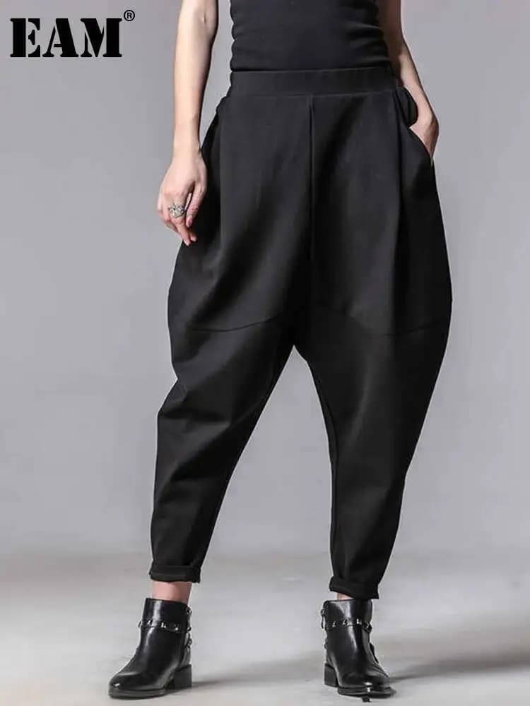 EAM 2026 New Autumn High Elastic Waist Loose Spliced Pleated Harem Pants Women Trousers Fashion Tide All-match JY916