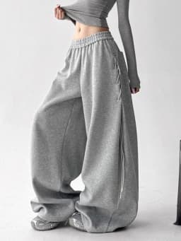 Retro American Gray Wide Leg Pants Women Lace Up Design Loose Hip Hop Trousers Vintage High Waist Spring Streetwear Female Pant