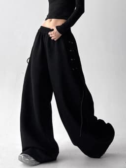 Retro American Gray Wide Leg Pants Women Lace Up Design Loose Hip Hop Trousers Vintage High Waist Spring Streetwear Female Pant