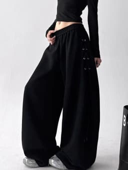 Retro American Gray Wide Leg Pants Women Lace Up Design Loose Hip Hop Trousers Vintage High Waist Spring Streetwear Female Pant