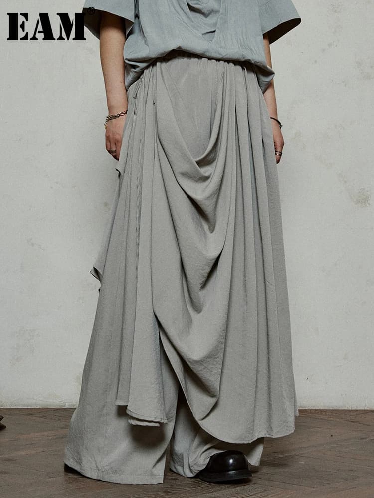[EAM] High Waist Khaki Gray Irregular Pleated Spliced Long Wide Leg Pants New Trousers Women Fashion Spring Autumn 2026 1DJ1181