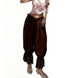 Xingqing y2k Coquette Pants Women Fashion Solid Color Ruffle Elastic Low Waist Wide Leg Loose Trousers with Lace Trim Streetwear