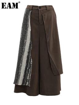 EAM Brown Tie Dye Irregular Wide Leg Pants High Elastic Waist New Trousers Women Fashion Tide Spring Autumn 2026 CPG1572