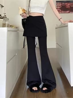 Black High Waist Slim Fit Pants Women's Summer Thin Belted Fake Two-Piece Design Commute Hoof Micro Flared Straight Leg Trousers