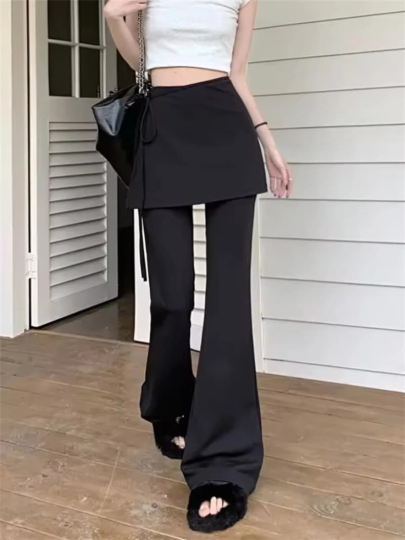 Black High Waist Slim Fit Pants Women's Summer Thin Belted Fake Two-Piece Design Commute Hoof Micro Flared Straight Leg Trousers