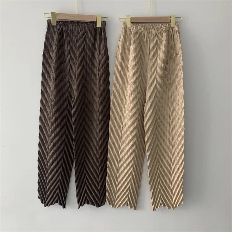 Miyake Pleated Handmade Wave Pants Women Korean Fashion New Elastic High Waist Casual Straight Trousers