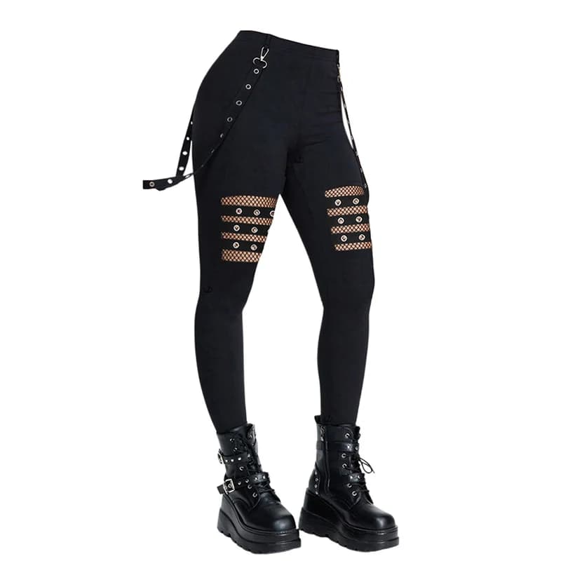 Dressfo 2025 New Women's Pants Hollow Out Solid Color Gothic Pants Grommet Chain Embellishment High Waisted Long Skinny Pants