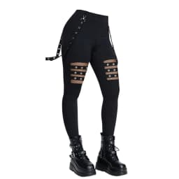 Dressfo 2025 New Women's Pants Hollow Out Solid Color Gothic Pants Grommet Chain Embellishment High Waisted Long Skinny Pants