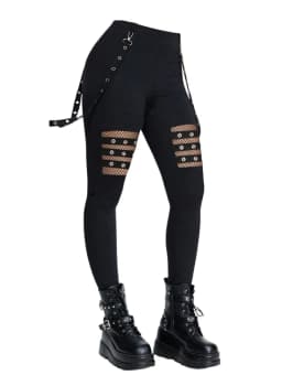 Dressfo 2025 New Women's Pants Hollow Out Solid Color Gothic Pants Grommet Chain Embellishment High Waisted Long Skinny Pants