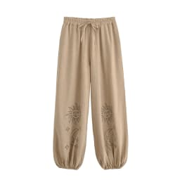 Vintage Chic 2025 Autumn Fashion Sun Moon Embroidery Linen Cotton Baggy Pants Women Bloomers Side Pockets Loose Yoga Trousers