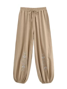 Vintage Chic 2025 Autumn Fashion Sun Moon Embroidery Linen Cotton Baggy Pants Women Bloomers Side Pockets Loose Yoga Trousers