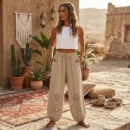 Vintage Chic 2025 Autumn Fashion Sun Moon Embroidery Linen Cotton Baggy Pants Women Bloomers Side Pockets Loose Yoga Trousers