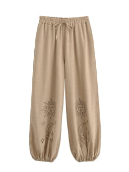 Vintage Chic 2025 Autumn Fashion Sun Moon Embroidery Linen Cotton Baggy Pants Women Bloomers Side Pockets Loose Yoga Trousers