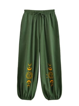 Vintage Chic 2025 Autumn Fashion Sun Moon Embroidery Linen Cotton Baggy Pants Women Bloomers Side Pockets Loose Yoga Trousers
