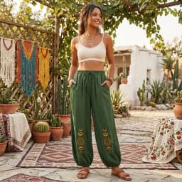 Vintage Chic 2025 Autumn Fashion Sun Moon Embroidery Linen Cotton Baggy Pants Women Bloomers Side Pockets Loose Yoga Trousers