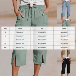 Women Cotton Linen Pants Women Large Pocket Solid Color Straight Tube Loose Beach Capri Spring Summer 3/4 Muslin Trousers
