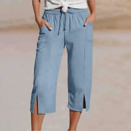 Women Cotton Linen Pants Women Large Pocket Solid Color Straight Tube Loose Beach Capri Spring Summer 3/4 Muslin Trousers