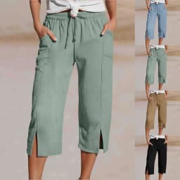 Women Cotton Linen Pants Women Large Pocket Solid Color Straight Tube Loose Beach Capri Spring Summer 3/4 Muslin Trousers