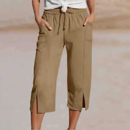Women Cotton Linen Pants Women Large Pocket Solid Color Straight Tube Loose Beach Capri Spring Summer 3/4 Muslin Trousers