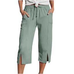 Women Cotton Linen Pants Women Large Pocket Solid Color Straight Tube Loose Beach Capri Spring Summer 3/4 Muslin Trousers