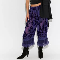 Combhasaki Women Sheer Lace Hem Trim Long Bloomers Y2k Ruffle Drawstring Elastic Rise Floral Velvet Flare Slips Pants Pjs Bottom