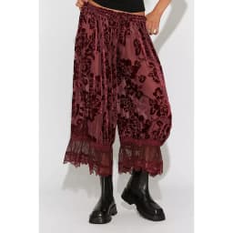 Combhasaki Women Sheer Lace Hem Trim Long Bloomers Y2k Ruffle Drawstring Elastic Rise Floral Velvet Flare Slips Pants Pjs Bottom