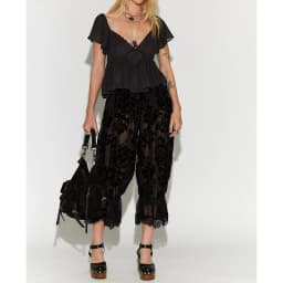 Combhasaki Women Sheer Lace Hem Trim Long Bloomers Y2k Ruffle Drawstring Elastic Rise Floral Velvet Flare Slips Pants Pjs Bottom