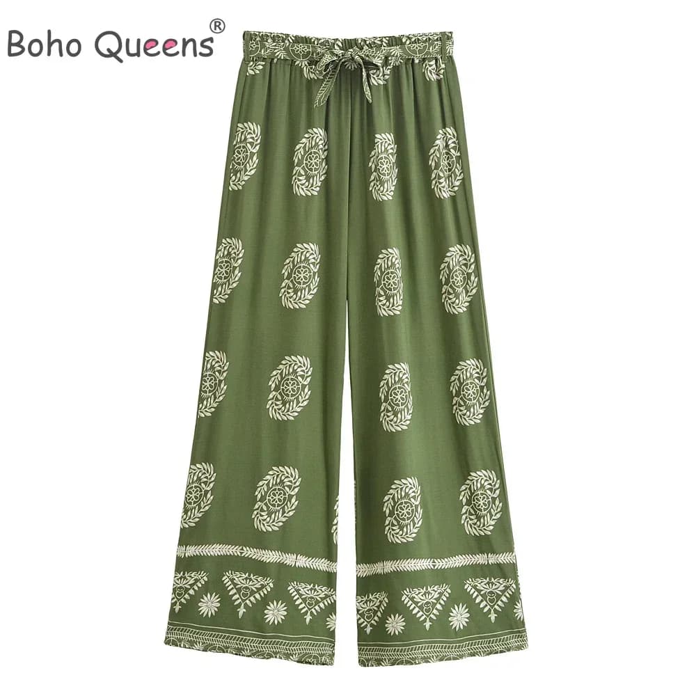 Boho Queens Women Green Floral Bohemian Wide Leg Pants Lady Elastic Waist Loose Vacation Boho Pants Oversize Trousers