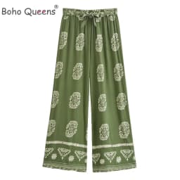 Boho Queens Women Green Floral Bohemian Wide Leg Pants Lady Elastic Waist Loose Vacation Boho Pants Oversize Trousers
