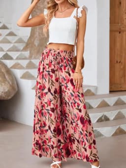 Pant Women Wide Leg Long Pants Print Floral Elastic Waist Straight Trousers Y2k Streetwear Elegant Maxi Capris Loose Summer