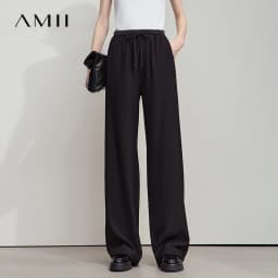 AMII 2026 Autumn Women Trousers Loose Casual Lace Up Elastic Wide Leg Pants Straight Solid Full Length Women's Clothing 12553006