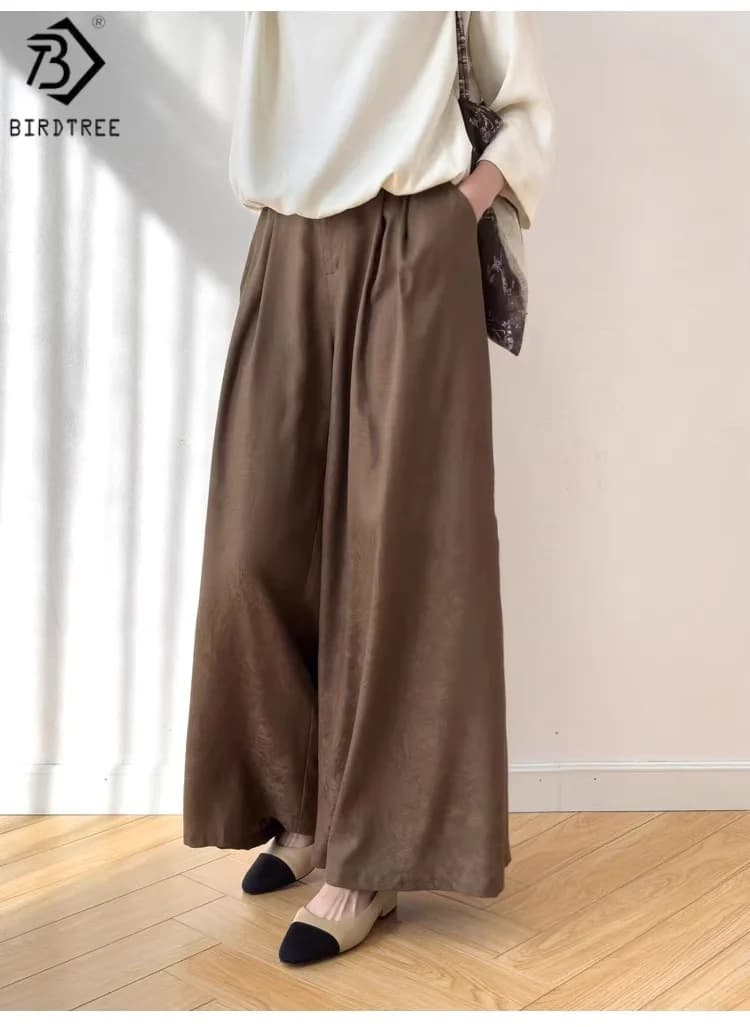 Birdtree 28M 100% Real Spun Silk Solid Pants,Women Jacquard Elastic Waist Autumn French Style Wide Leg Pant With Pocket P58002JF