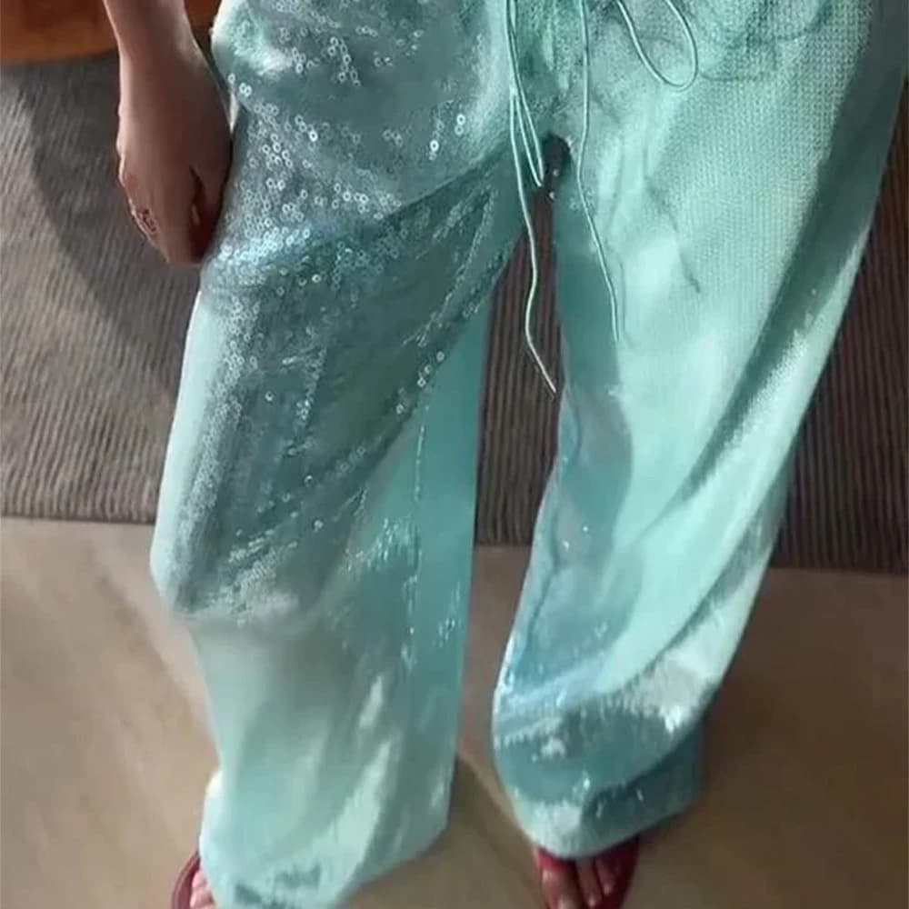 Chic Sequined Long Pants For Women High Waist Drawstring Ankle-length Loose Trousers 2025 Spring Summer Female Y2K Coquette Pant
