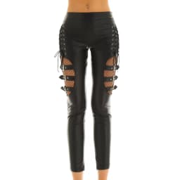 Women Pants Wet Look Faux Leather Mid Waist Fishnet Splice Thigh with Buckles Decoration Side Lace Up Stretchy Legging Trousers