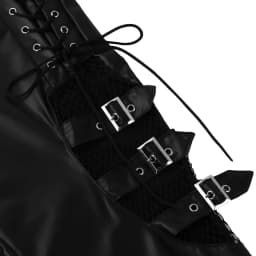 Women Pants Wet Look Faux Leather Mid Waist Fishnet Splice Thigh with Buckles Decoration Side Lace Up Stretchy Legging Trousers