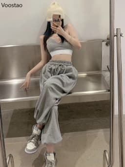 Women Chic White Jogging Sweatpants Korean Fashion Sports Pants Casual Harajuku Wide Joggers Trousers Female Ankle-length Pants