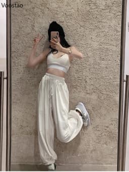 Women Chic White Jogging Sweatpants Korean Fashion Sports Pants Casual Harajuku Wide Joggers Trousers Female Ankle-length Pants