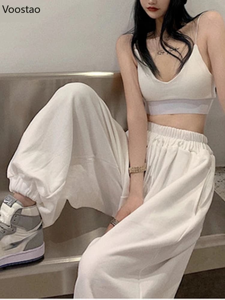 Women Chic White Jogging Sweatpants Korean Fashion Sports Pants Casual Harajuku Wide Joggers Trousers Female Ankle-length Pants