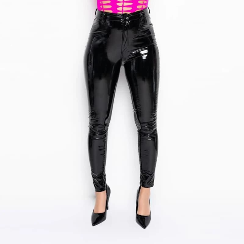 Women Plus Size Shiny Patent Leather Skinny Pants Button Zipper PU Slim Sexy Pencil Pant Nightclub Trouser New Custom Streetwear