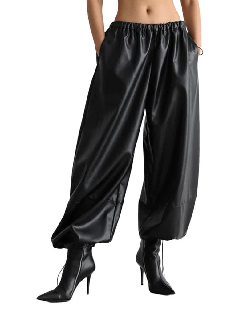 Fashion Women's Pants Middle Elastic Waist Lantern Loose Leather Solid Female Tousers 1015 Autumn Chic High Street Lady Outwears