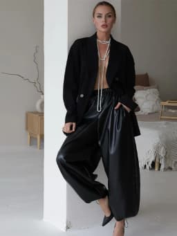 Fashion Women's Pants Middle Elastic Waist Lantern Loose Leather Solid Female Tousers 1015 Autumn Chic High Street Lady Outwears