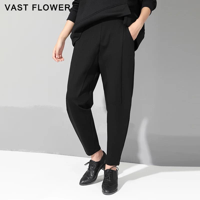 2026 Spring Autumn Black High Waist Harem Pants Women Fashion Elastic Waist Patchwork Loose Casual Ladies Trousers Streetwear