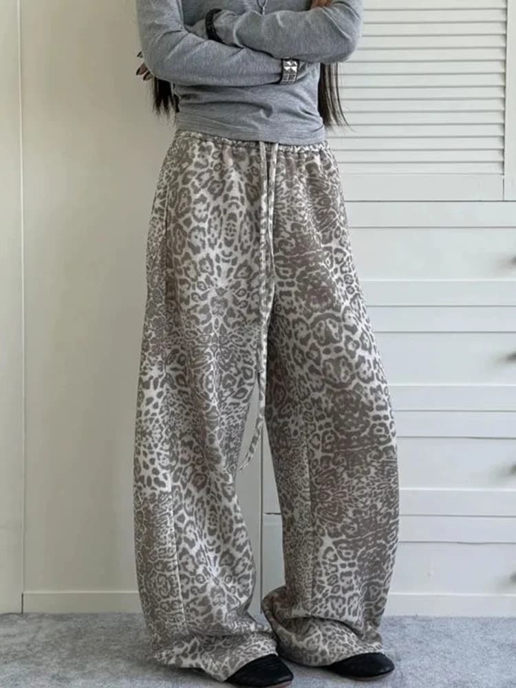 Jmprs Y2K American Leopard Pant Women Hip Hop High Waist Streetwear Retro Trousers Harajuku Fall Winter Casual Bf Lace Up Pants