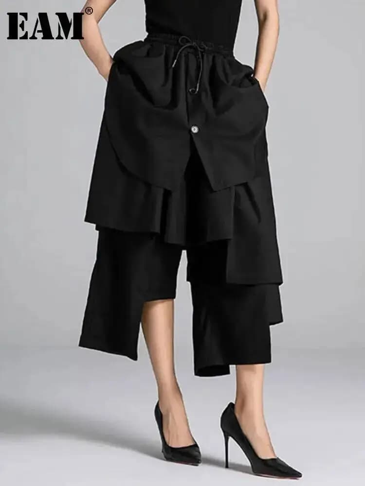 EAM Black Irregular Patch High Elastic Waist Calf-Length Pants New Trousers Women Fashion Tide Autumn 2026 30A3161