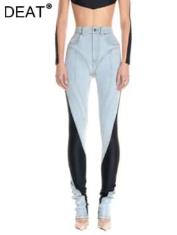 DEAT Fashion Women's Jeans New High Waist Slim Contract Color Patchwork Denim Pencil Pants Female Streetwear Autumn 2025 WT052