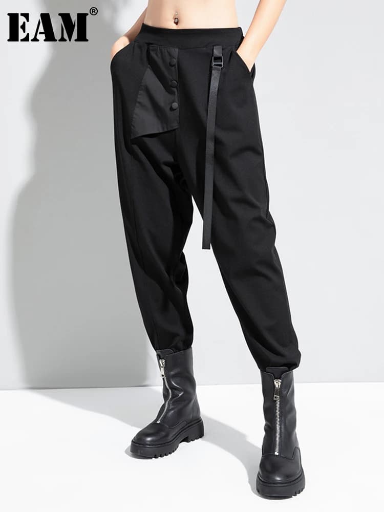 [EAM] High Elastic Waist Black Ribbon Split Harem Trousers New Loose Fit Pants Women Fashion Tide Spring Autumn 2026 1DC777