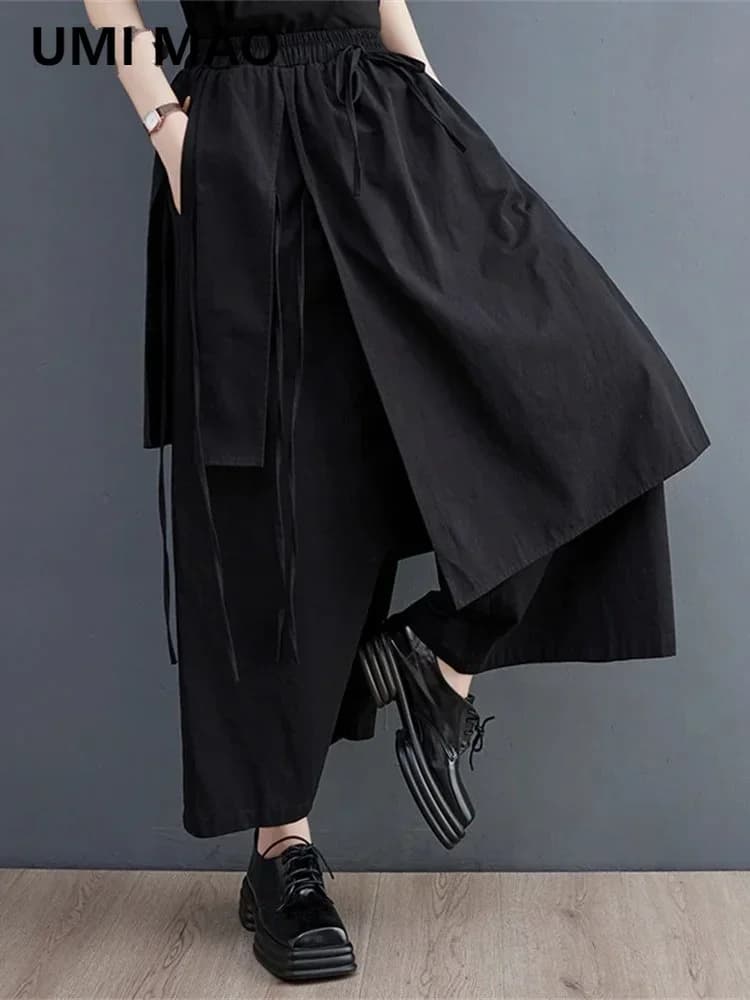 UMI MAO Women's Fashion Irregular Pants Elegant Apparel Below Ankle Smooth Black Bandage Style Summer Trousers Femme